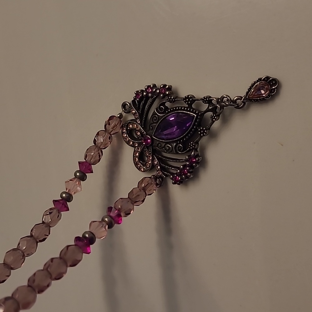 1928 Purple & Pink Crystals Ornate Pendant Sparkling Glass Beaded Necklace - Picture 16 of 16